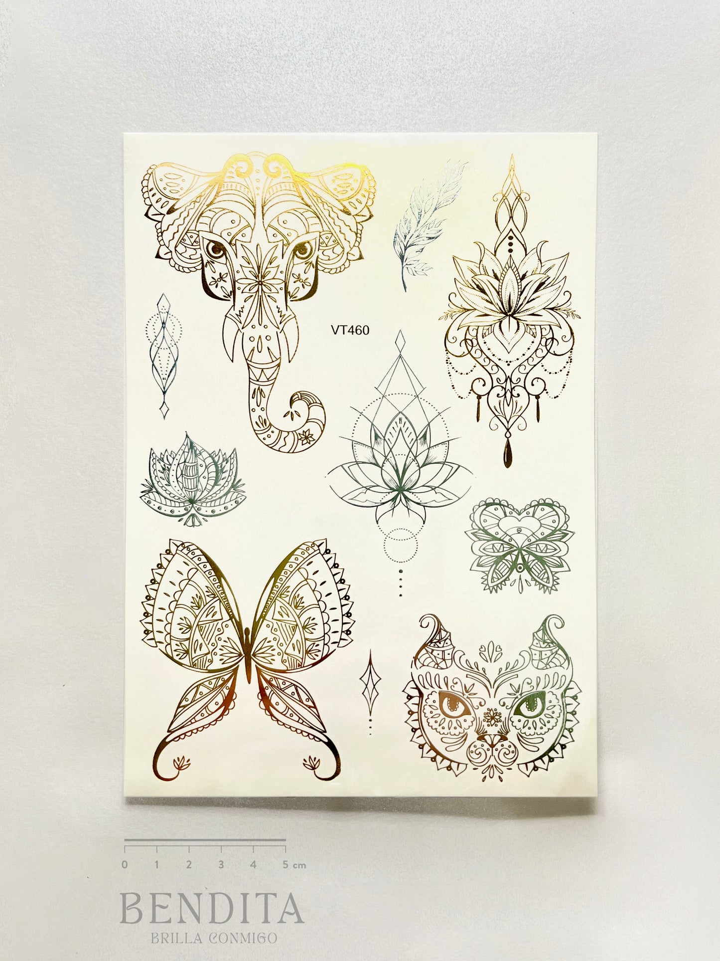 Elefante, Mariposa y Gato en dorado y plateado