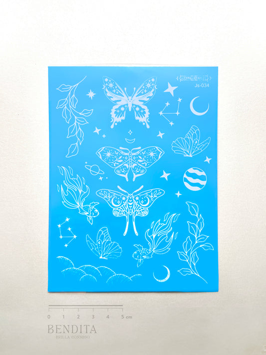 Mariposas, Planetas y Estrellas en Tinta Blanca