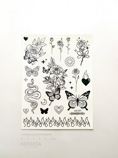 Rosas, Mariposas y Serpiente en Tinta Negra