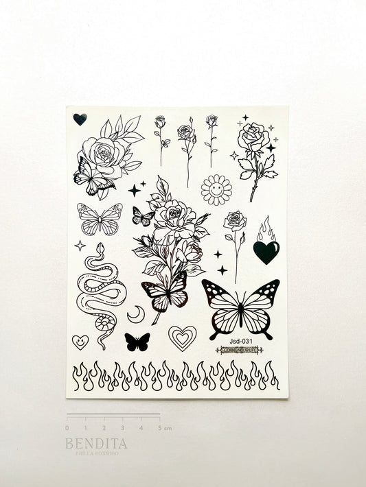 Rosas, Mariposas y Serpiente en Tinta Negra