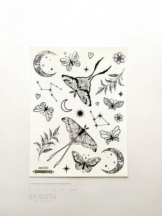Lunas, Polillas, Estrellas y Ramas en Tinta Negra