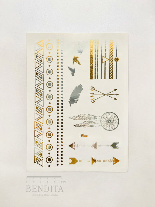 Flechas, Plumas y Atrapasueños en dorado y plateado