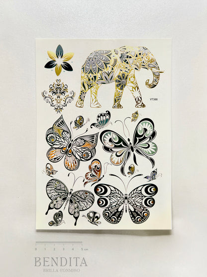 Elefante y Mariposas en dorado y plateado