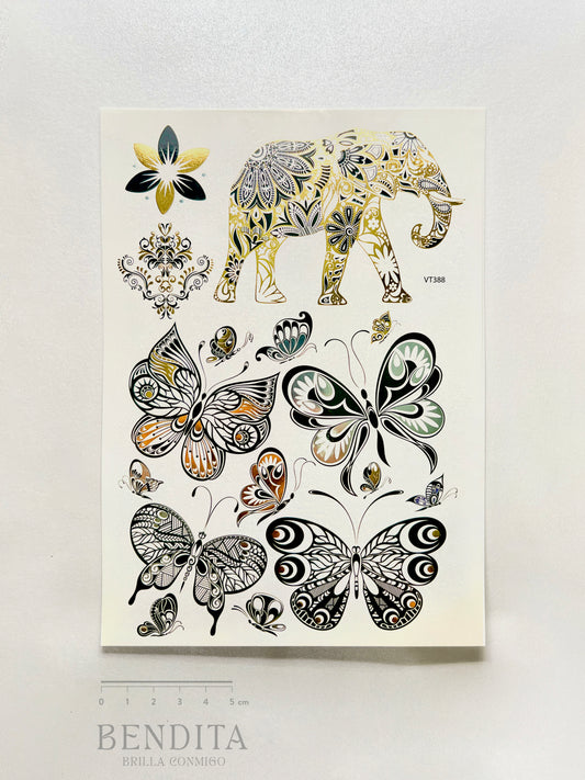 Elefante y Mariposas en dorado y plateado