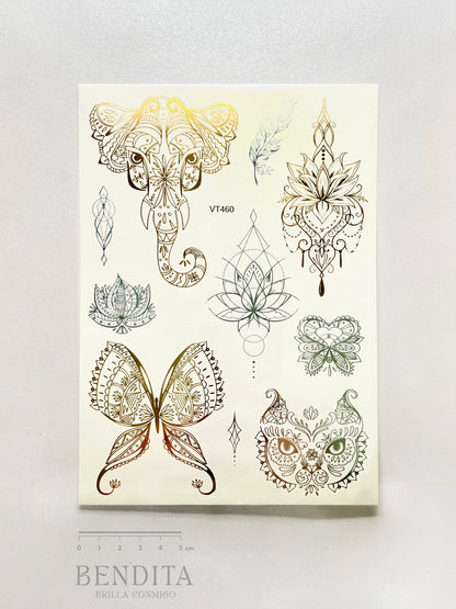 Elefante, Mariposa y Gato en dorado y plateado