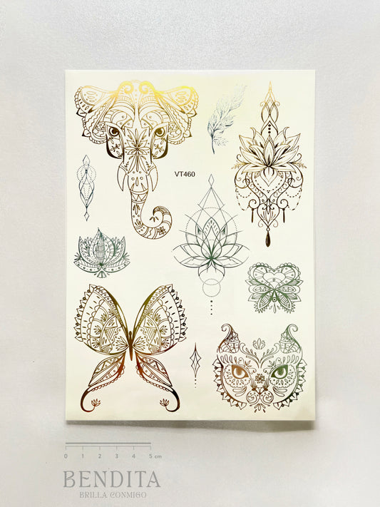 Elefante, Mariposa y Gato en dorado y plateado