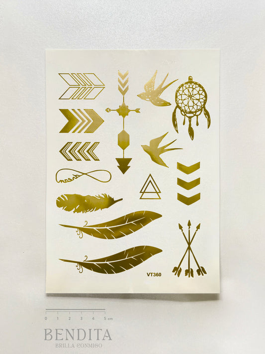 Plumas, Aves, Flechas y Atrapasueños en dorado