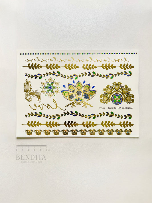 Motivos Hindú en dorado, azul y verde