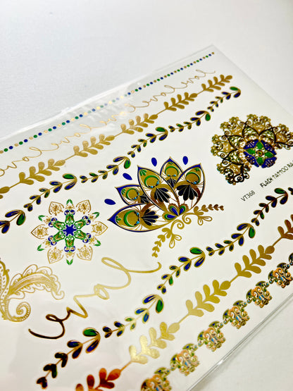 Motivos Hindú en dorado, azul y verde
